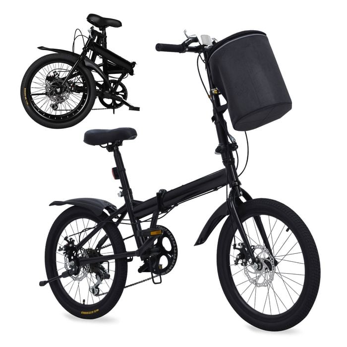 Advwin 20" Folding Bicycle with Shimano 6-Speed, Front & Rear Reflectors & Basket & Bell, Dual Brake System, for City Commuting
