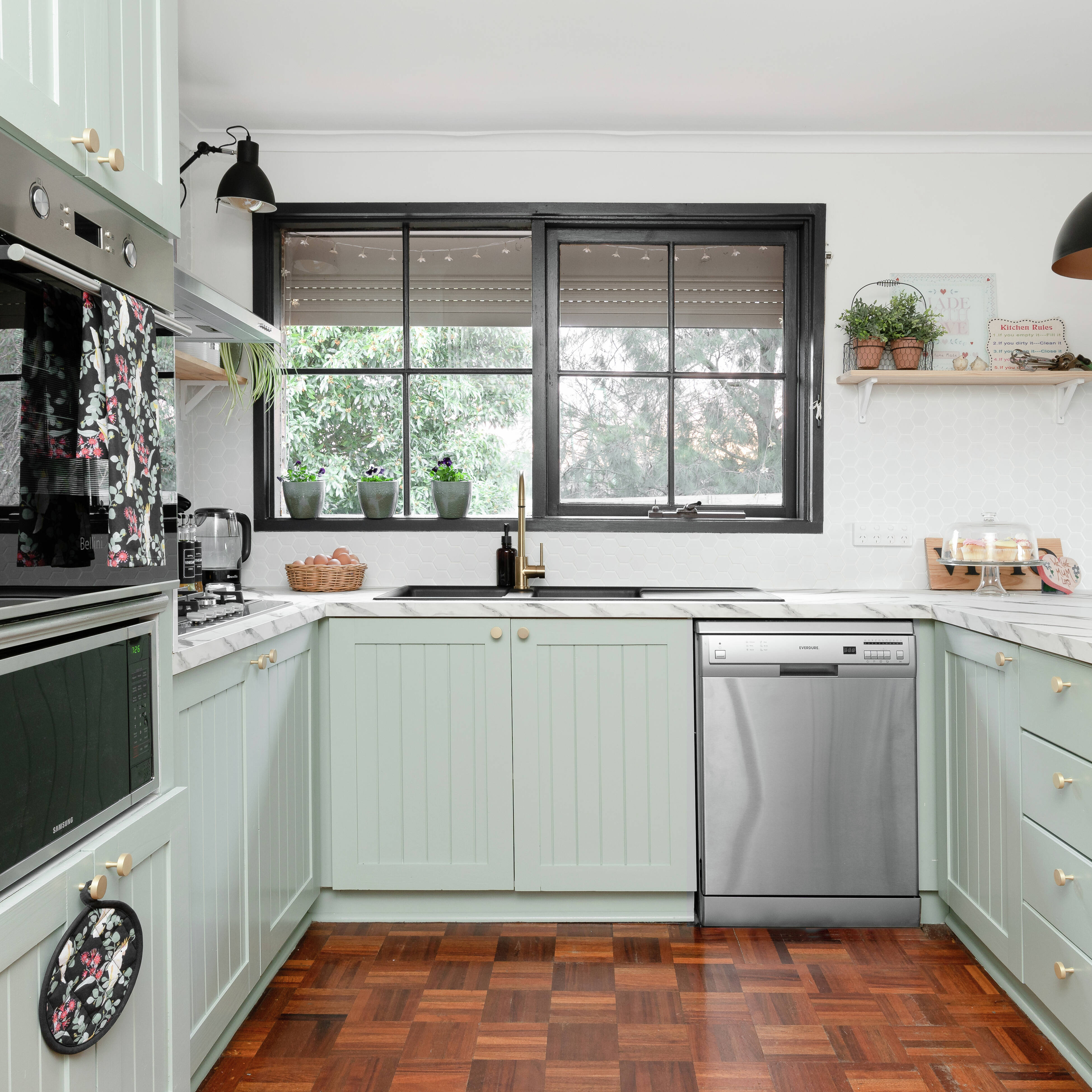 pastel green look for kitchen with marble looking benchtop