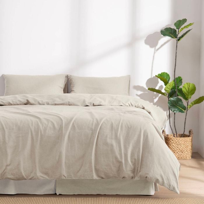 Dreamaker Linen Cotton Quilt Cover Set Oatmeal - Queen Bed