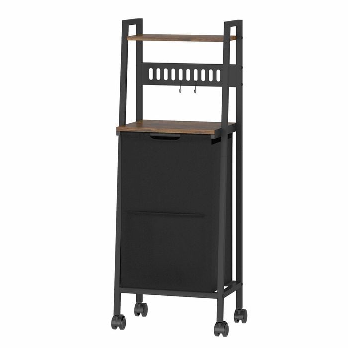 Advwin 54L Laundry Basket with 2-Tier Shelves, Hooks, Laundry Hamper with Wheels, Pull-out and Removable Bag