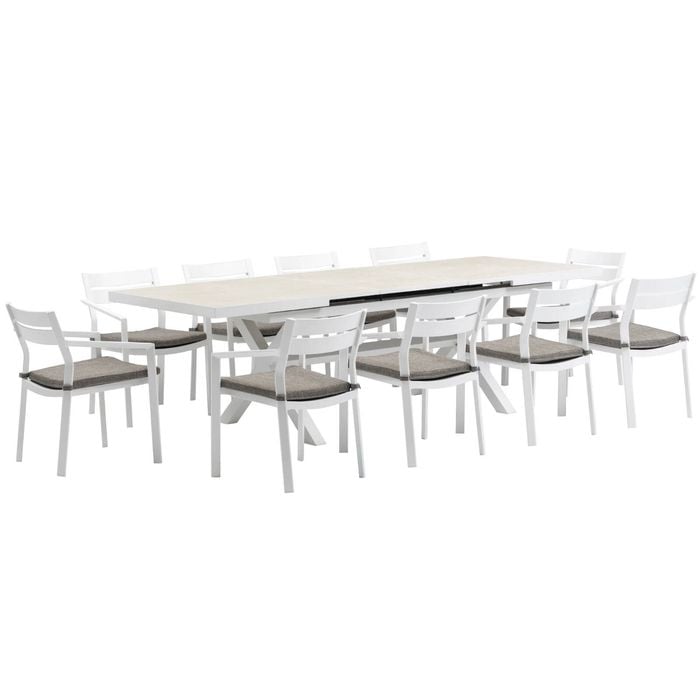 FurnitureOkay Bondi-Mosman 11-Piece Ceramic Outdoor Extendable Dining Setting - White