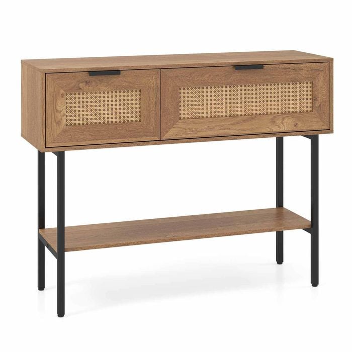 Costway Rattan Console Table Boho Hall Flip Door Shelf Side Natural