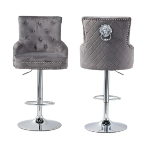 P&P Gray Velvet Swivel Bar Stool With Lion Head Accent And Adjustable Chrome Base
