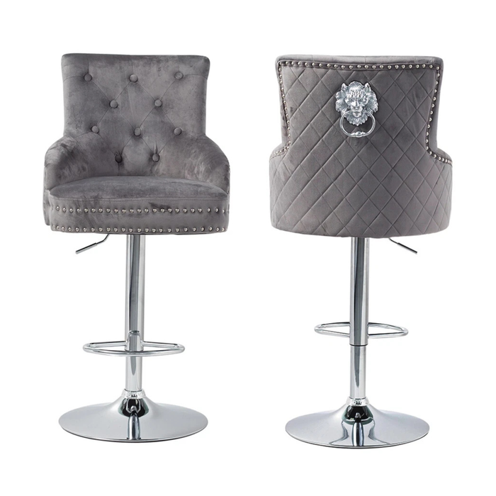 P&P Gray Velvet Swivel Bar Stool With Lion Head Accent And Adjustable Chrome Base
