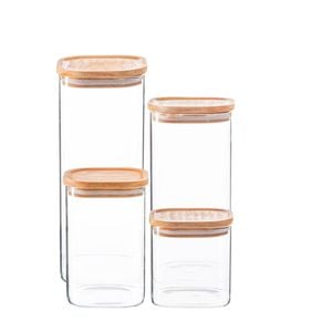 Argon Tableware Glass Storage Jar Set With Airtight Wooden Lids - 4 Sizes Square Cube Kitchen Storage Container Preserving Jars