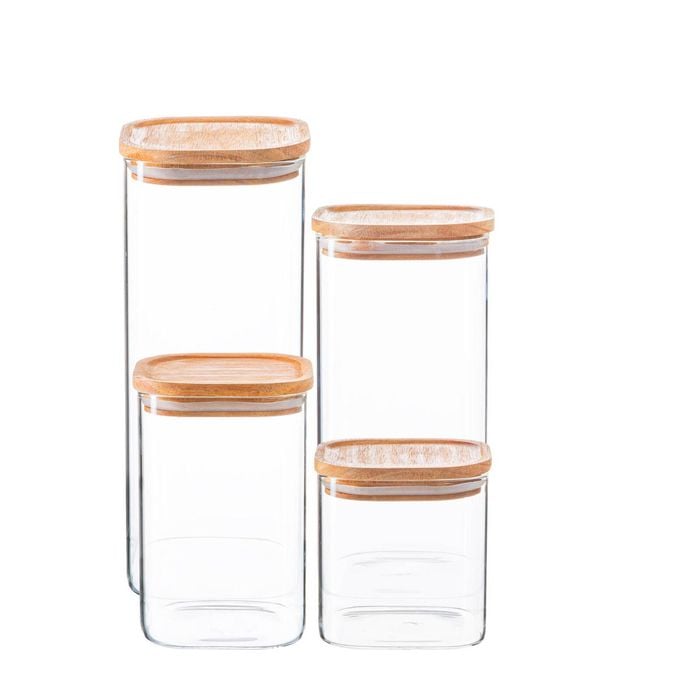 Argon Tableware Glass Storage Jar Set With Airtight Wooden Lids - 4 Sizes Square Cube Kitchen Storage Container Preserving Jars