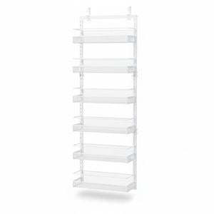Adjustable Over Door Storage Organizer with Hooks - 6 Tier Metal Kitchen Pantry Rack (White)