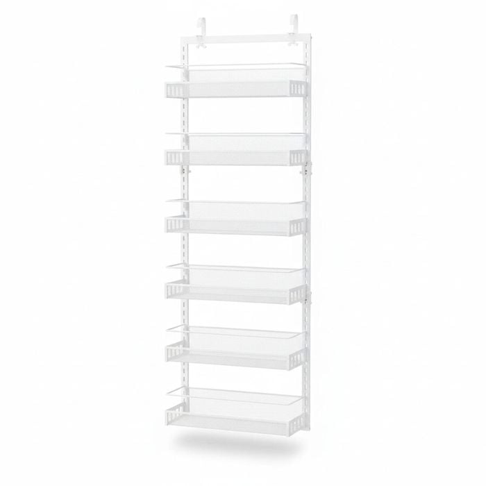 Adjustable Over Door Storage Organizer with Hooks - 6 Tier Metal Kitchen Pantry Rack (White)