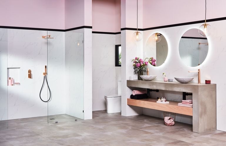 Large bathroom with large shower and modern sink and tap fittings