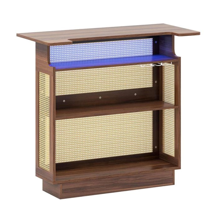 Costway Mini Home Bar Unit W/4-tier Rattan Bar Table 3 Stemware Racks