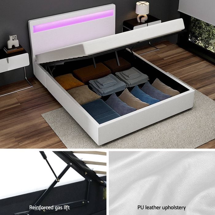 Artiss Bed Frame Gas Lift RGB LED White Cole - Queen