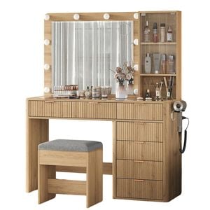 Linea Wood Dressing Table with LED Bulb Mirror & Stool Set