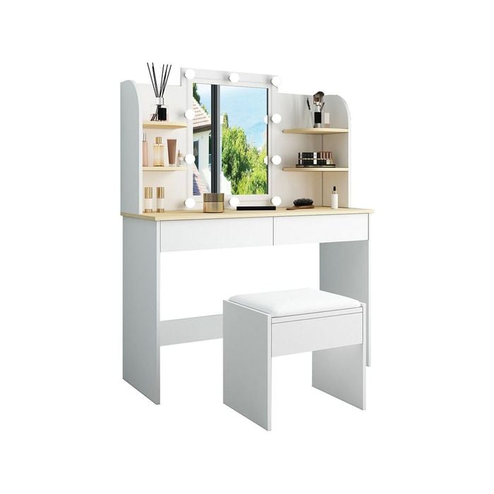Luxsuite Makeup Vanity Set White Dressing Table With Lights And Drawers Mirror Stool