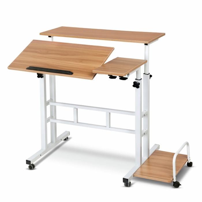 Sit Stand Standing Desk - Portable Wheels Light Wood