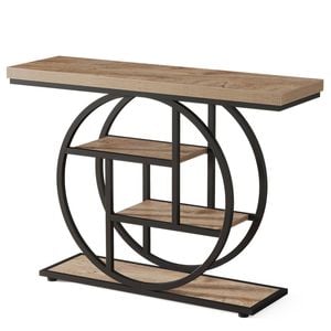 Oakory 105cm Industrial Console Table With Circular Metal Base And 4-tier Light Brown Wood Shelves