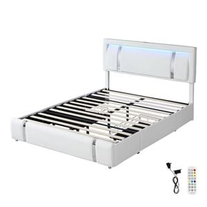Levede Adjustable Headboard LED PU Leather Bed Frame with USB and 2 Drawers - Double
