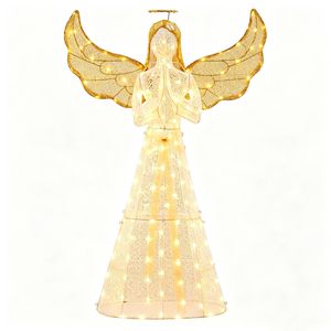 Costway 155cm Festive Pre-Lit Angel Yard Lighted Angel w/Halo Wings Winged Christmas Figure-White