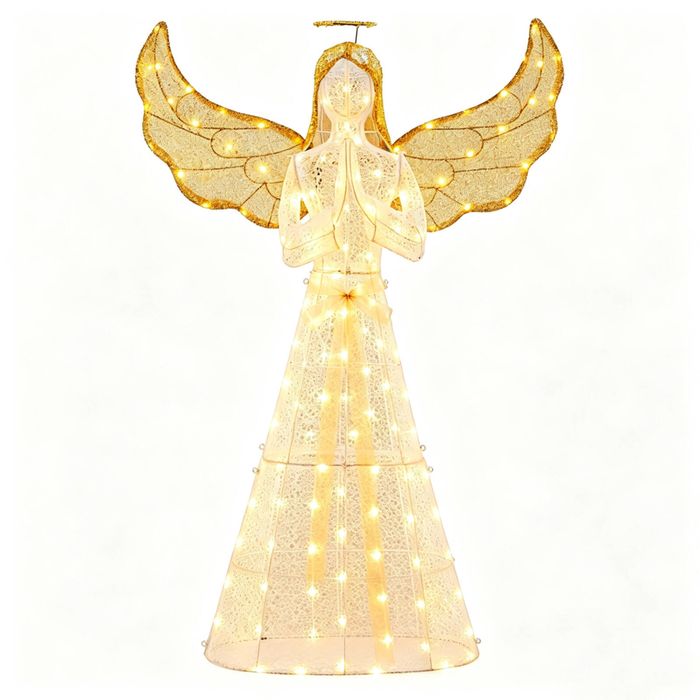 Costway 155cm Festive Pre-Lit Angel Yard Lighted Angel w/Halo Wings Winged Christmas Figure-White