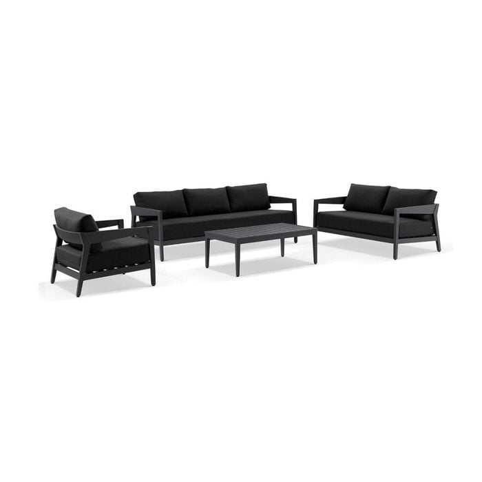 Bronte 3+2+1 Outdoor Aluminium Lounge Setting Charcoal With Coffee Table & Denim Grey Cushions