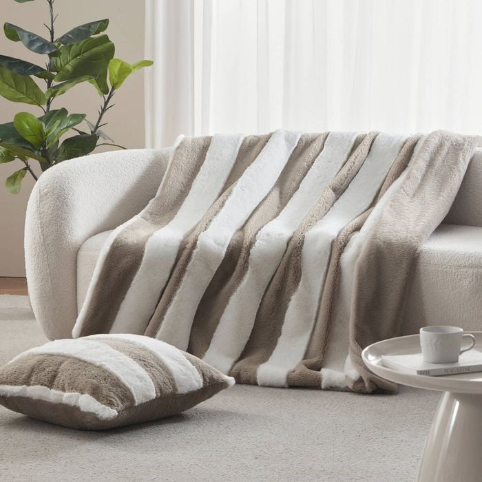 Dreamaker Denver Carved Stripe Faux Fur Throw Natural 130x170cm