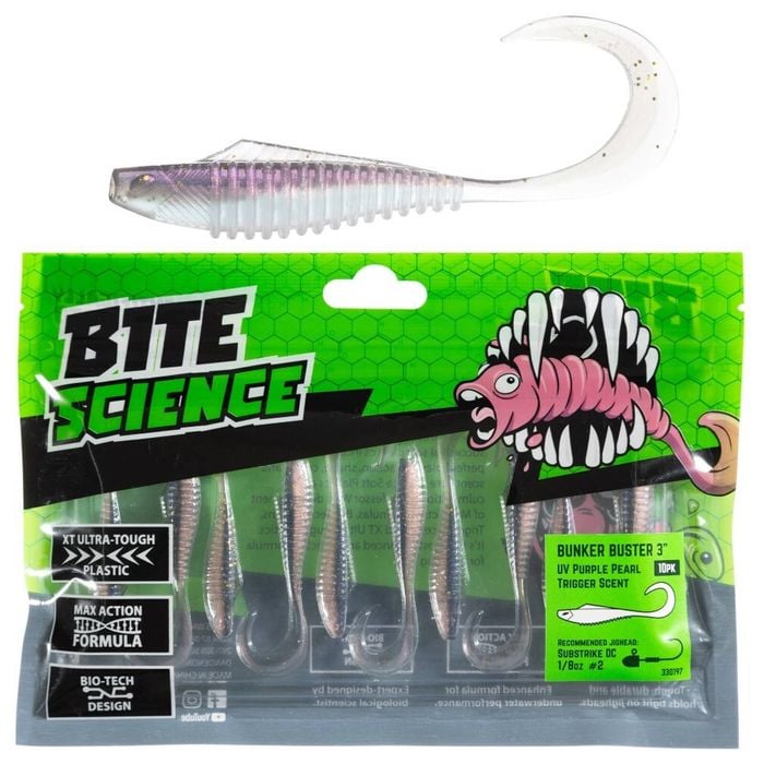 10 Pack of 3 Inch Bite Science Bunker Buster Soft Plastic Lures -UV Purple Pearl