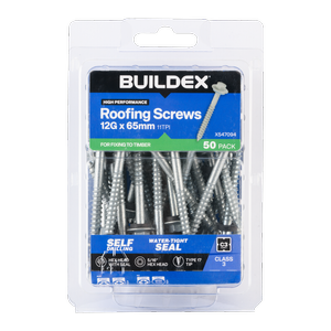 Buildex 12G x 65mm Class 3 Roofing Screws With Seal - 50 Pack