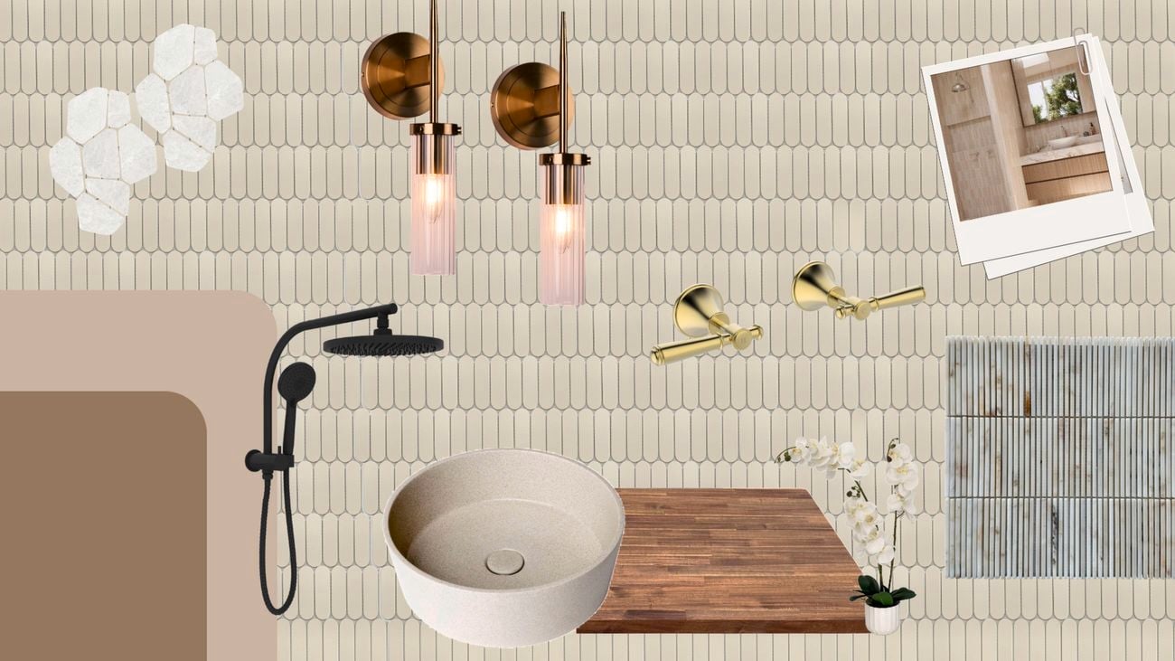 Bathroom mood board with cream feature tiles, black shower system, stone-look basin, timber benchtop, brass accessories, decorative wall lights and textured natural finishes.