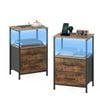 Advwin LED Bedside Table Set of 2 with Charging Station 2 Fabric Drawers Nightstand Rustic Brown