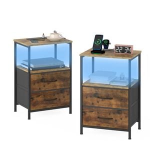 Advwin LED Bedside Table Set of 2 with Charging Station 2 Fabric Drawers Nightstand Rustic Brown