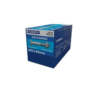 ZENITH M12 x 65mm Hot Dip Galvanised Hex Head Bolts and Nuts - 12 Pack