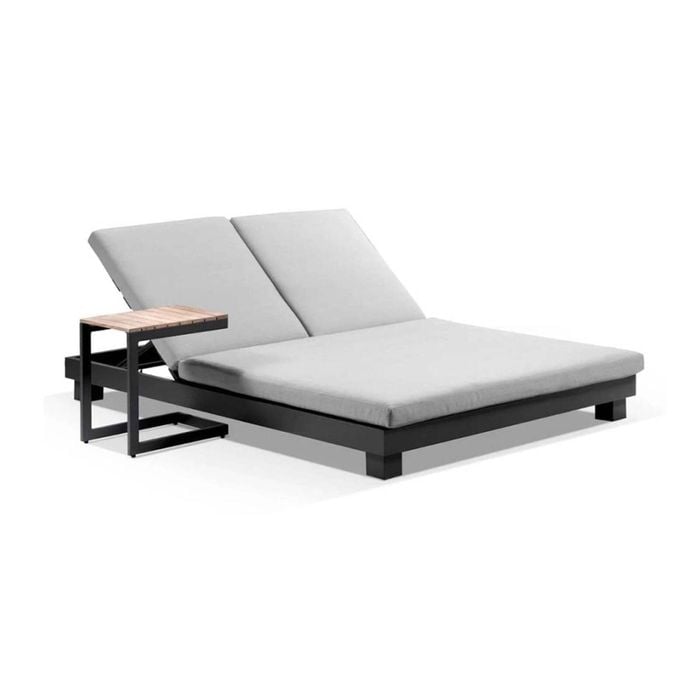 Santorini Aluminium Double Sun Lounge Charcoal With Side Table & Textured Olefin Grey Cushions