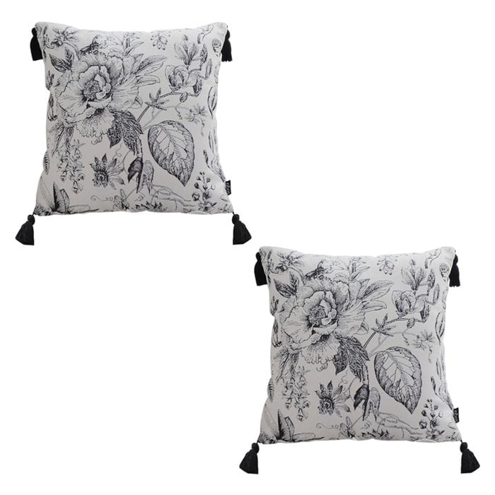 SOGA 2X 50cm Throw Pillows – Black and White Elegant Floral Print with Tassel