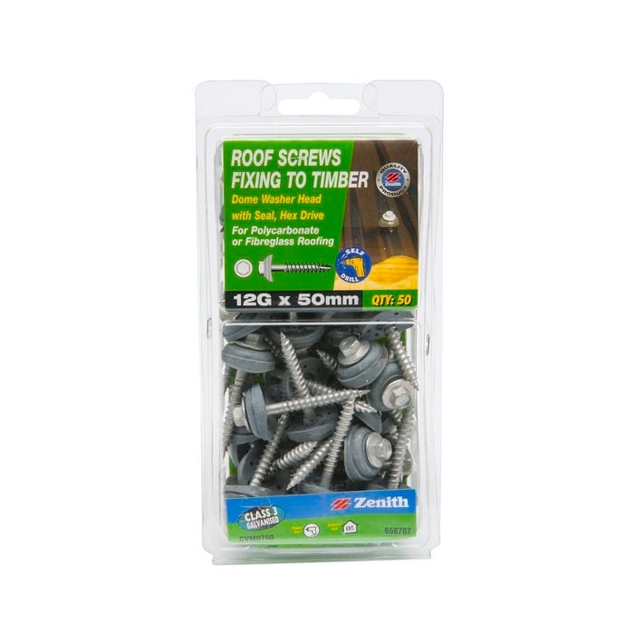 Zenith 12G x 50mm Galvanised Dome Washer Head Roof Screws - 50 Pack