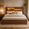 HOMFURN King LED Bed Frame with Charging Station, Oak Wood Headboard Storage, Metal Slats