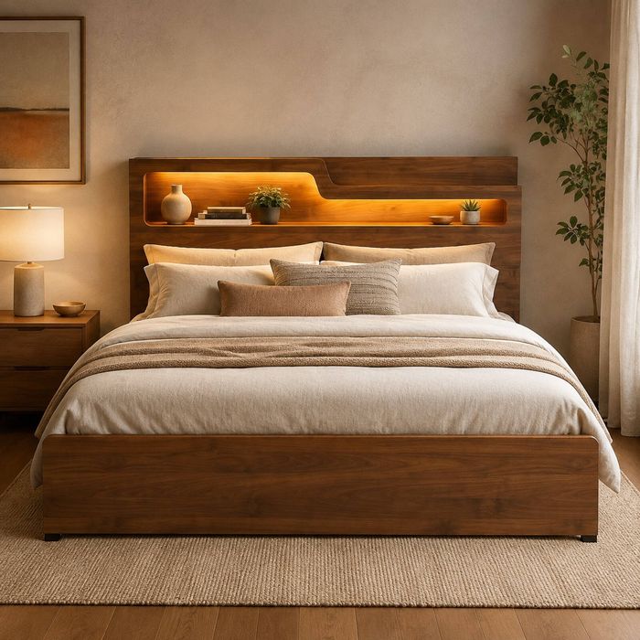 HOMFURN King LED Bed Frame with Charging Station, Oak Wood Headboard Storage, Metal Slats