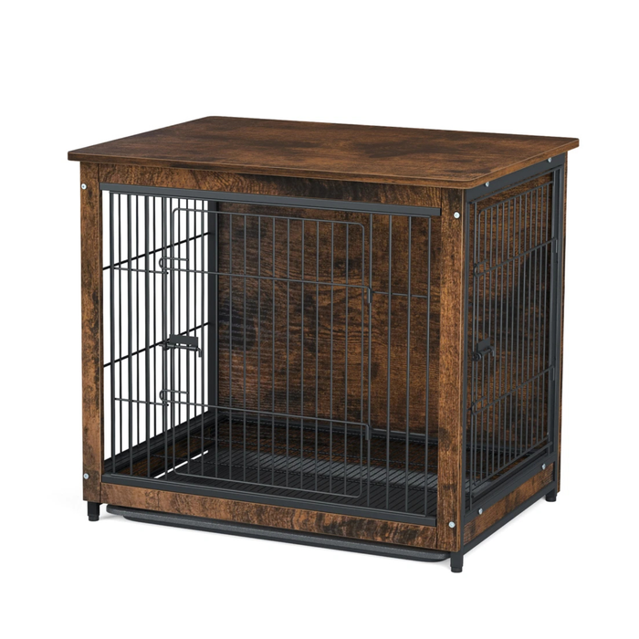 P&P Black Dark Walnut Medium Dog Crate End Table Furniture Style Indoor Cage with 2 Doors