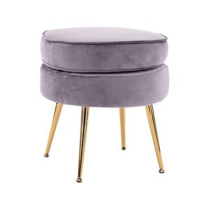 La Bella Grey Round Ottoman Foot Stool Velvet Fabric Metal Leg