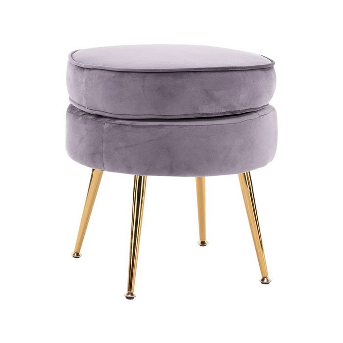 La Bella Grey Round Ottoman Foot Stool Velvet Fabric Metal Leg