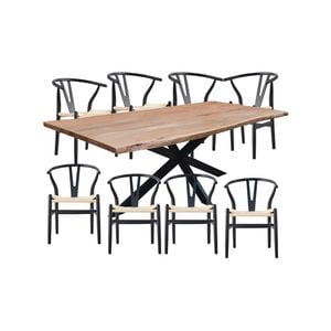 Lantana 9pc 240cm Dining Table 8 Black Wishbone Chair Set Live Edge Acacia Wood
