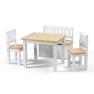 Keezi Kids Table and Chair Set, Activity Table with Storage Bench and 2 Chairs Natural