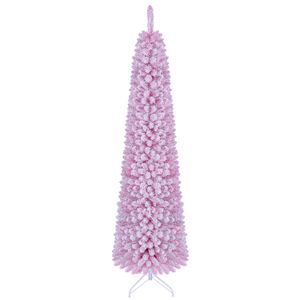 Costway 210cm Flocked Pencil Christmas Tree Artificial Fir Xmas Tree w/523 Branch Tips 190 LEDs-Pink