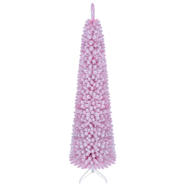 Costway 210cm Flocked Pencil Christmas Tree Artificial Fir Xmas Tree w/523 Branch Tips 190 LEDs-Pink