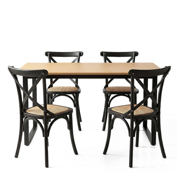 Artiss Dining Table And Chairs Set 5pcs Industrial 4 Black Rattan Chairs For Kitchen, Dining Room