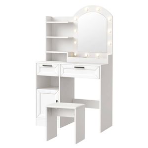 Oikiture Dressing Table Stool Set Vanity Desk Makeup Mirror 12 LED Bulbs White