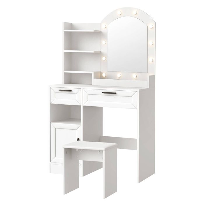 Oikiture Dressing Table Stool Set Vanity Desk Makeup Mirror 12 LED Bulbs White