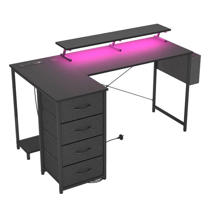 Advwin L Shaped Gaming Desk 140cm with LED Lights & Power Outlets ...