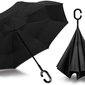 Reverse Umbrella Windproof Double Layer C-Handle Inverted Folding in Black