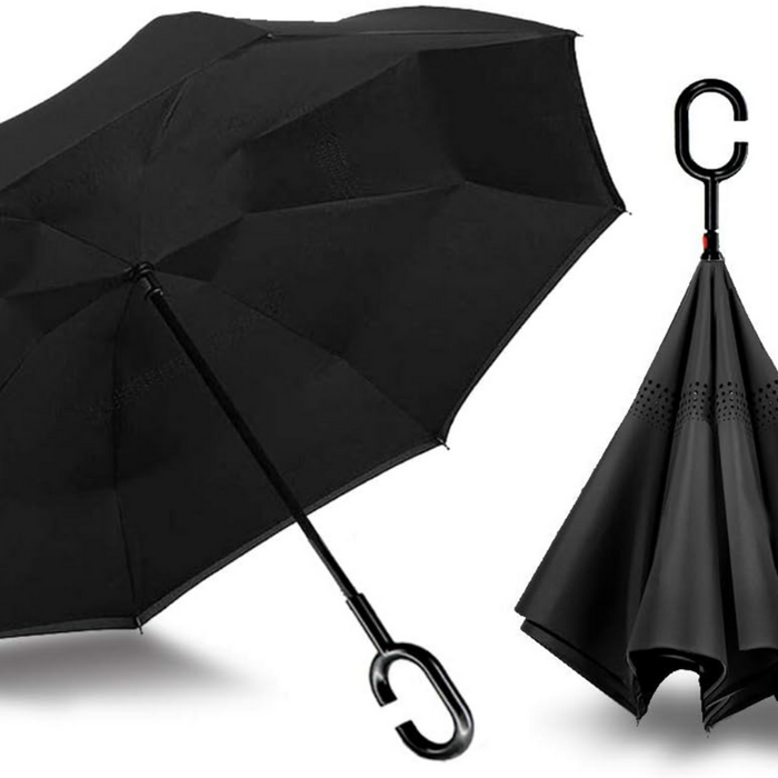 Reverse Umbrella Windproof Double Layer C-Handle Inverted Folding in Black