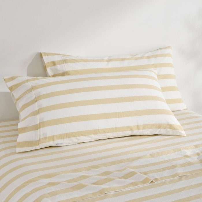 Dreamaker Cove Washed Cotton Yarn Dyed Wide Stripe King Pillowcase Sand Twin Pack