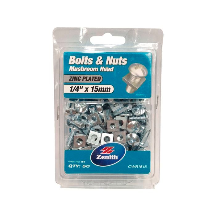 Zenith Bolt & Nut 1/4"x15mm 50pk Mushroom Head Zinc Plated
